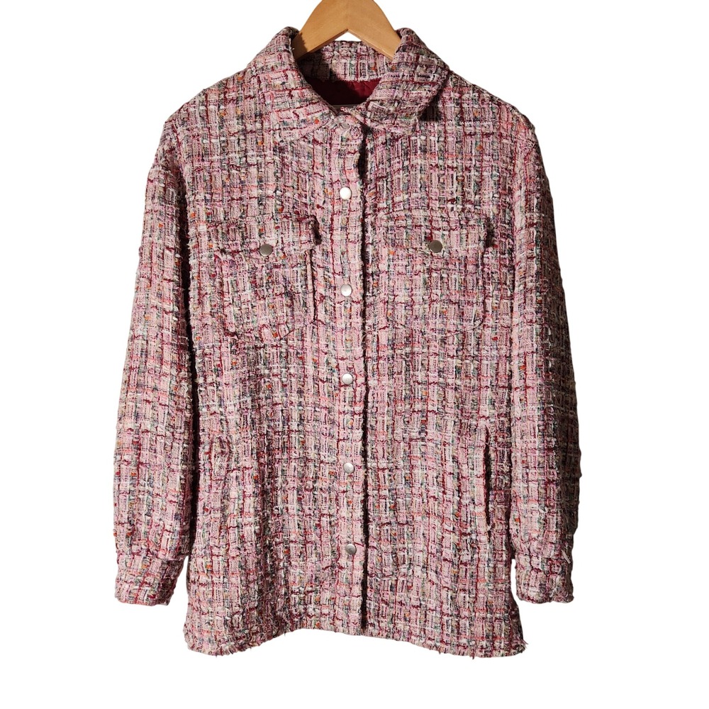 Avec Les Filles Tweed Shirt Jacket XS Pink Multi Boucle Shacket Pockets Preppy